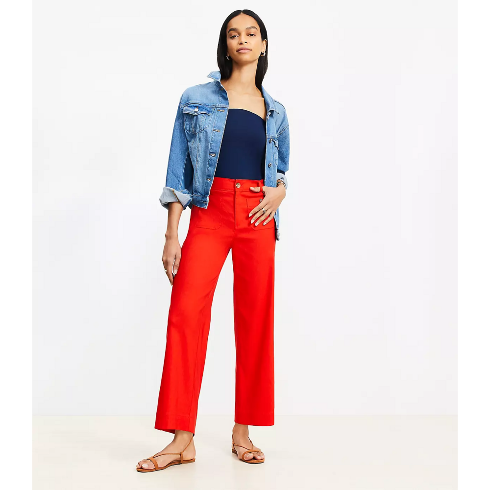 LOFT Palmer Wide Leg Crop Pants in Linen Blend in Red - Picture 2 of 8